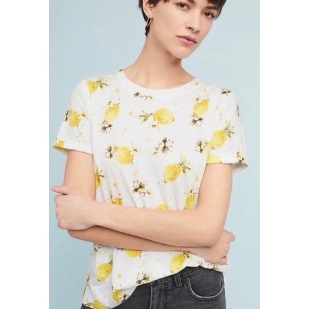 Meadow Rue Anthropologie Printemps Lemon Floral Watercolor Tee Yellow XSP